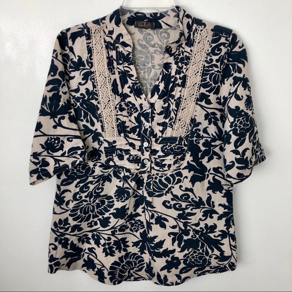 Lola 100% linen patterned roll-up sleeves top